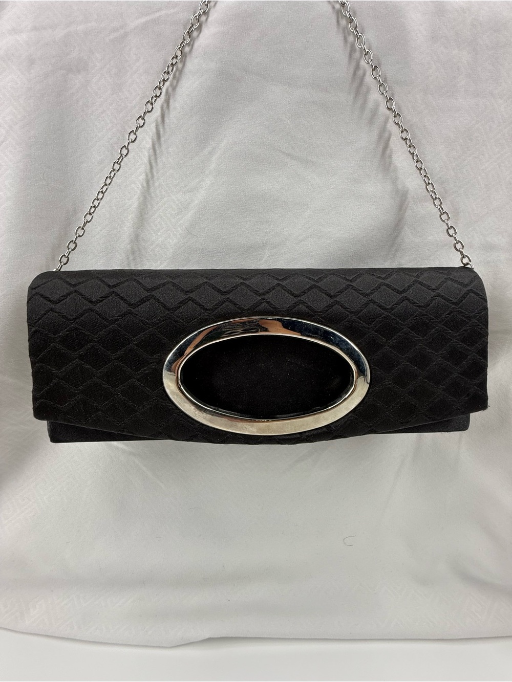 Vintage Black Quilted Evening Clutch with Silver Oval Accent